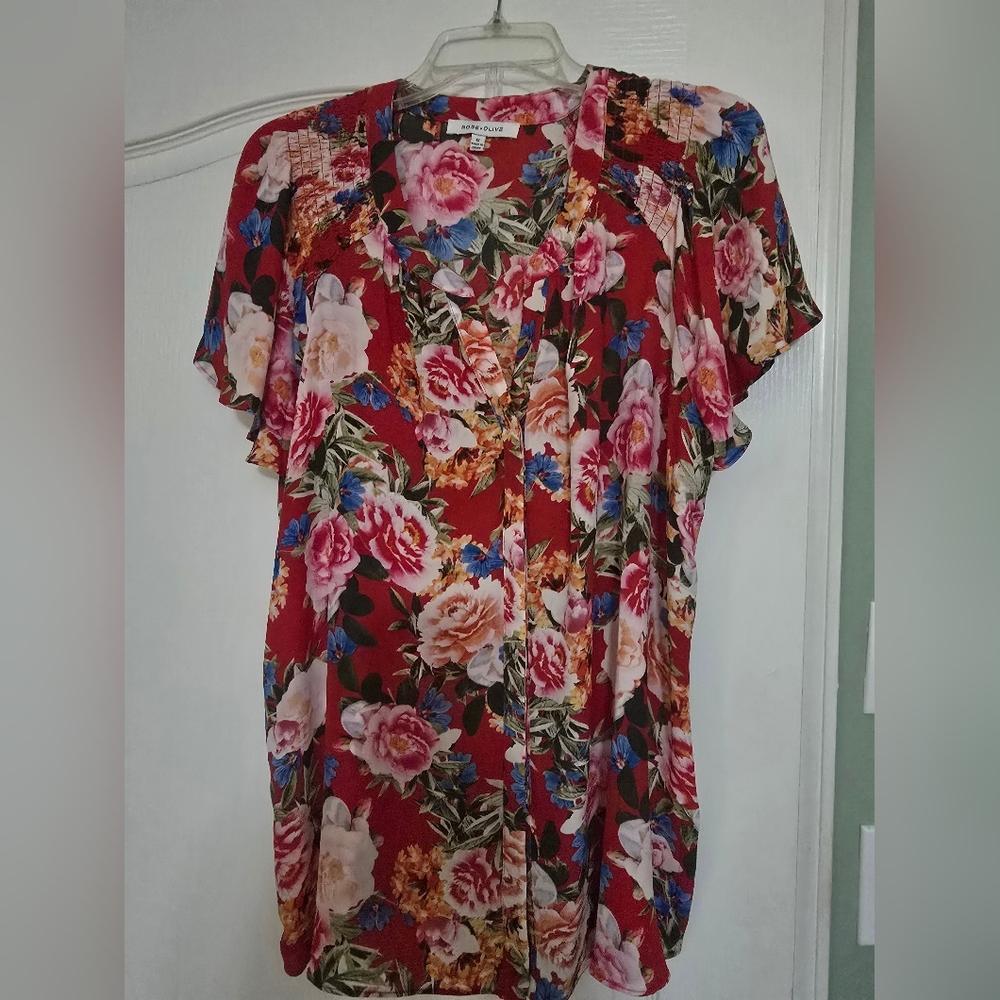 Cato Red Floral Blouse with Multicolor Blooms